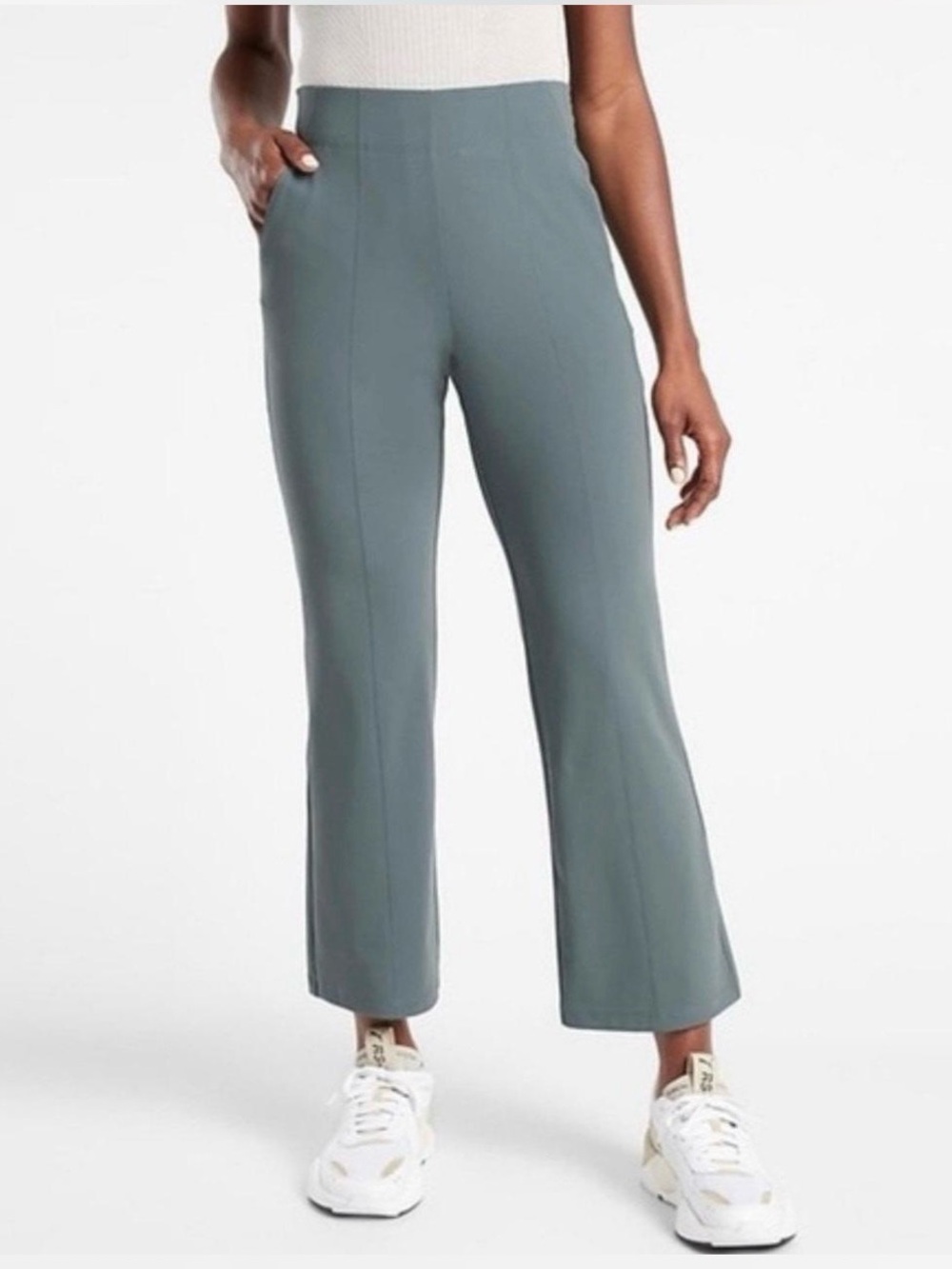 Athleta Cosmic Kick Flare Pant Size 12 Tall High Rise Waist Gray Green Cropped